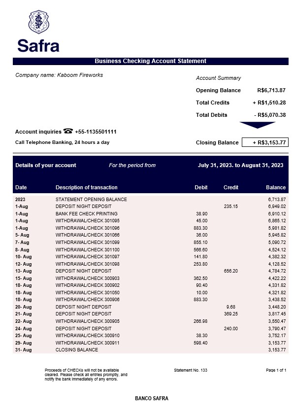 Modèle Word et PDF de déclaration commerciale de Banco Safra